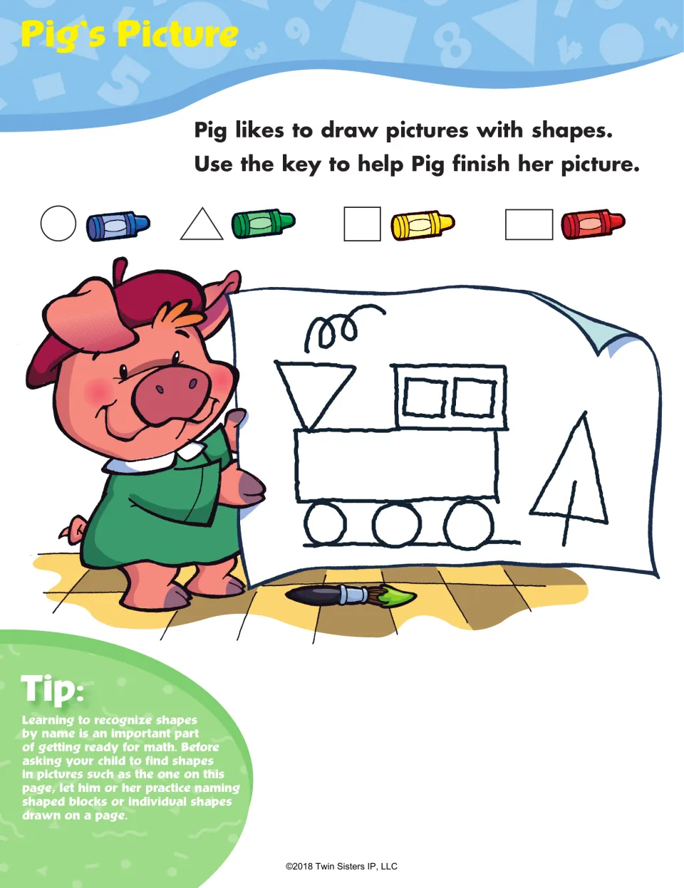 Pig's Picture shape coloring: children color a train drawing using a key matching each shape to a crayon color