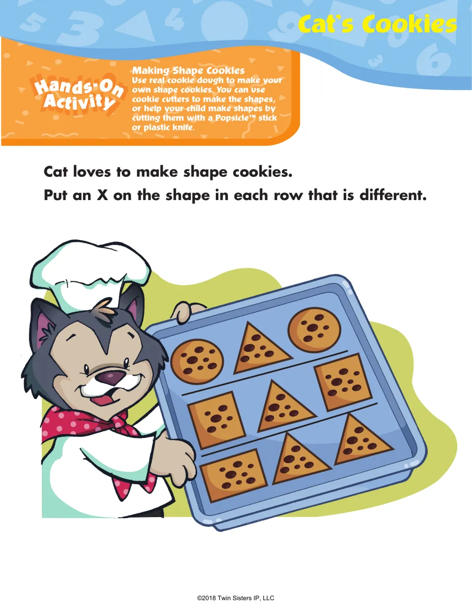 Cat's Cookies odd one out: children put an X on the differently shaped cookie in each of three rows on a tray