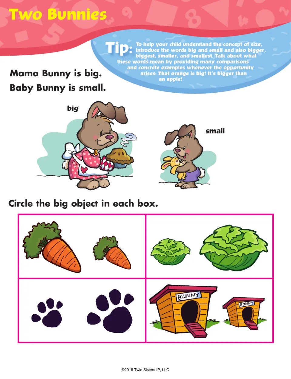 Two Bunnies size comparison: children circle the bigger carrot, lettuce, paw print and bunny hutch in each pair