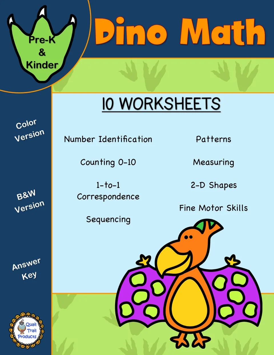 Dino Math cover lists 10 worksheets for Pre-K and kindergarten, color and black-and-white versions, and answer key