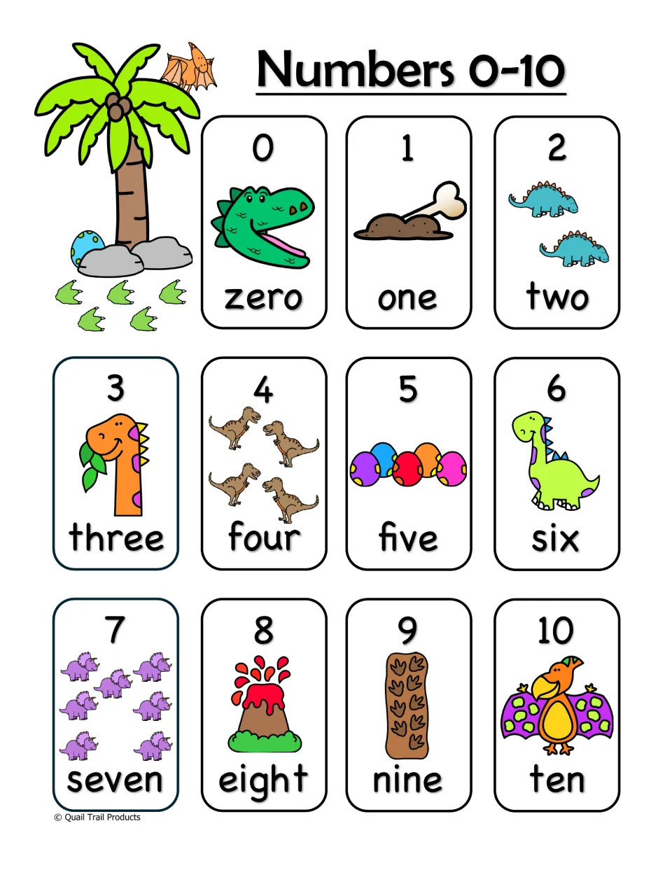 Numbers 0–10 reference chart pairs each numeral with its number word and dinosaur-themed counting pictures