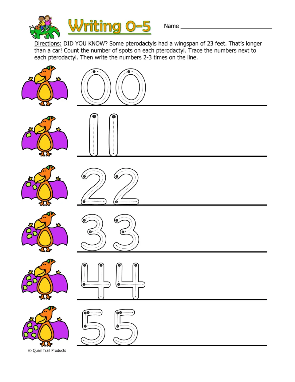 Writing 0–5 worksheet asks students to count pterodactyl spots, trace each numeral, and write it two or three times