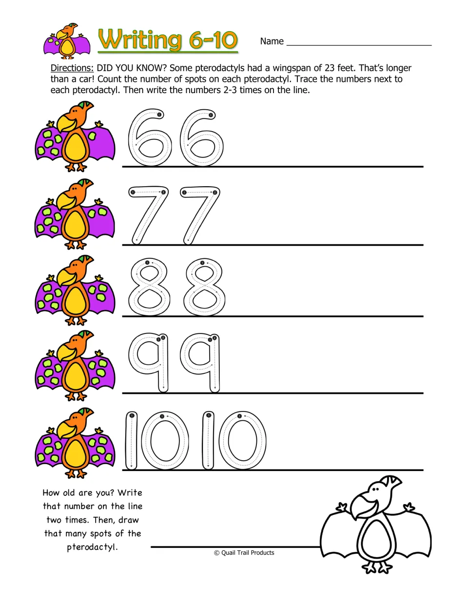 Writing 6–10 worksheet combines counting spots and tracing numerals with writing an age and drawing matching spots