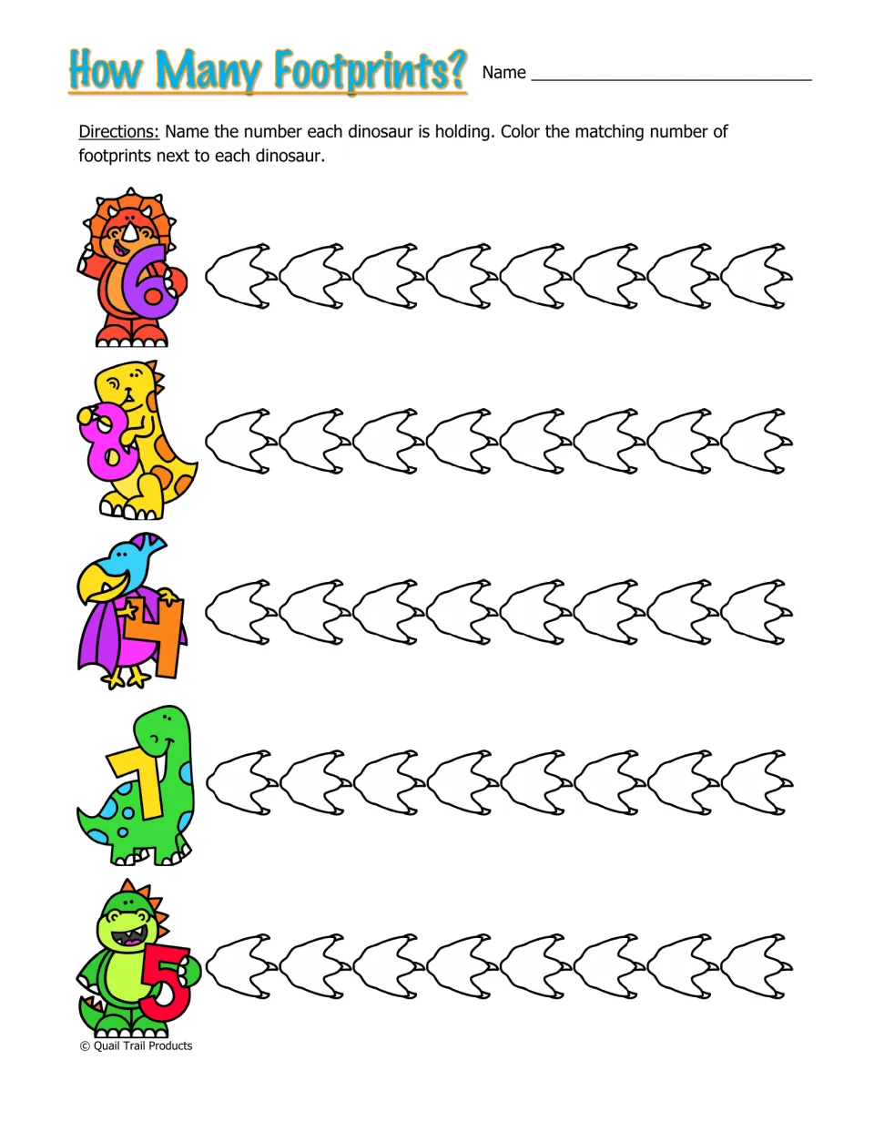 How Many Footprints? worksheet asks students to name 6, 8, 4, 7, and 5 and color matching quantities of footprints