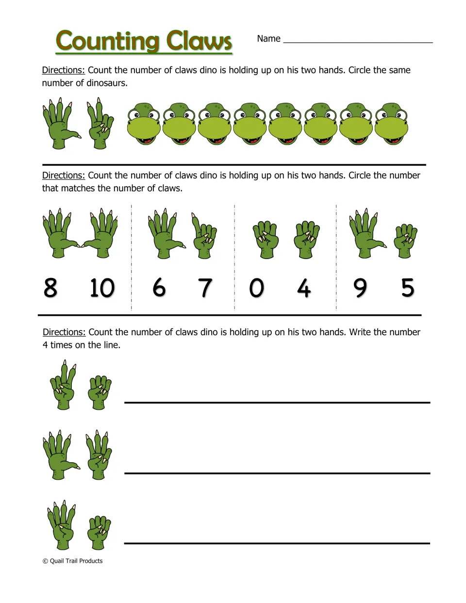 Counting Claws worksheet asks students to count raised claws, circle matching dinosaurs or numerals, and write numbers