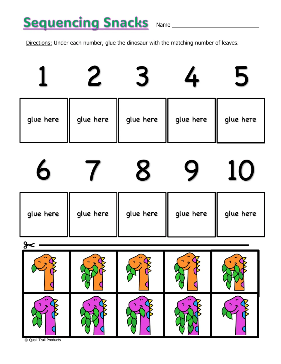 Sequencing Snacks worksheet asks students to cut out 10 dinosaurs and glue each under the matching leaf count, 1–10
