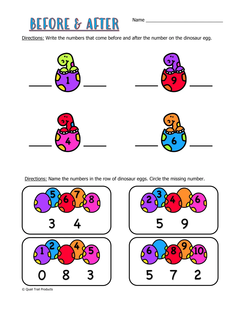 Before & After worksheet asks for numbers before and after 1, 9, 4, and 6, plus missing numbers in egg sequences