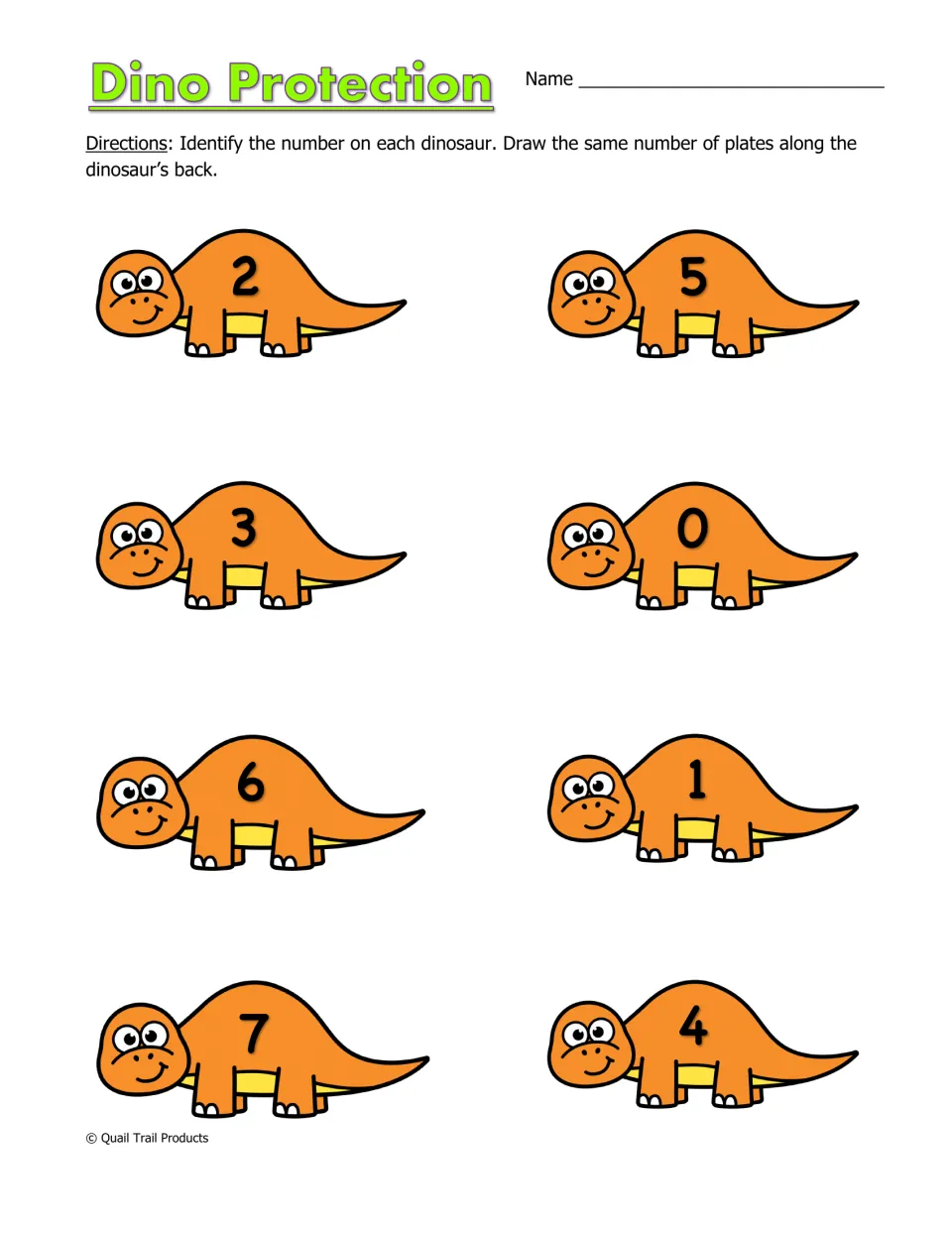 Dino Protection worksheet asks students to draw back plates matching dinosaur numbers 2, 5, 3, 0, 6, 1, 7, and 4