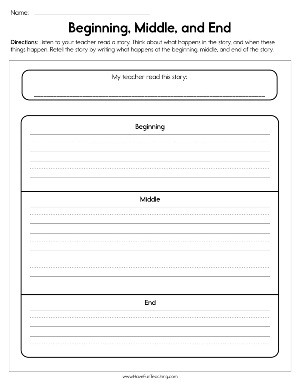 Story retelling: after a read-aloud, students write the story title and what happens at the beginning, middle and end