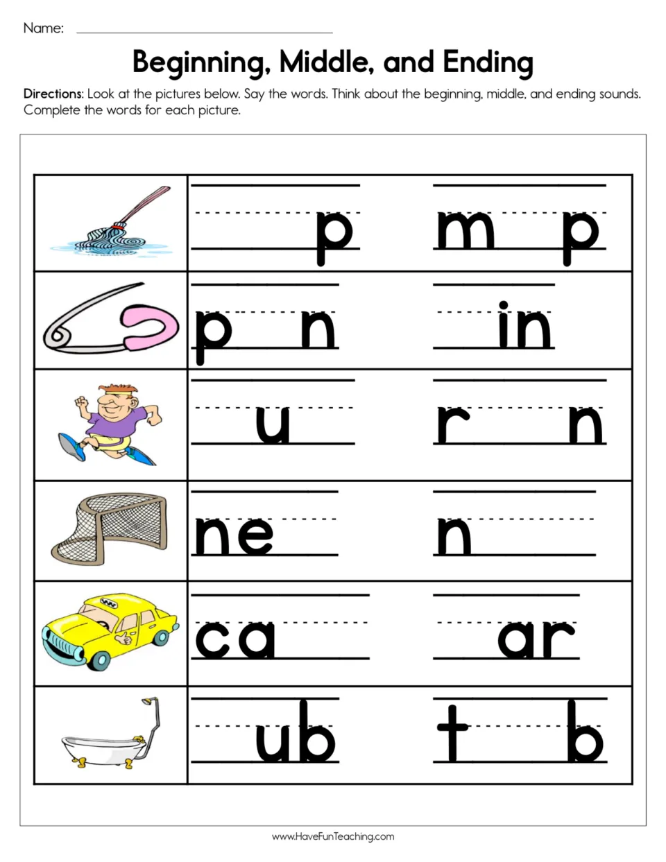 CVC word sounds: students say each picture name and fill in missing beginning, middle and ending letters for 6 words