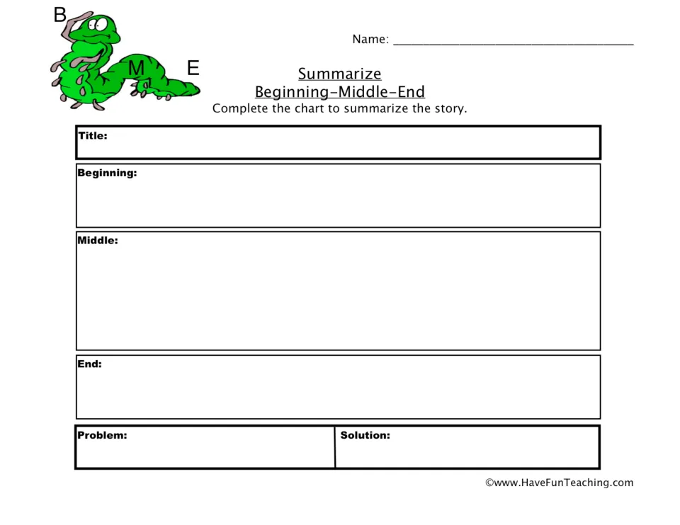 Story summary chart: students write a story's title, beginning, middle and end, then name its problem and solution