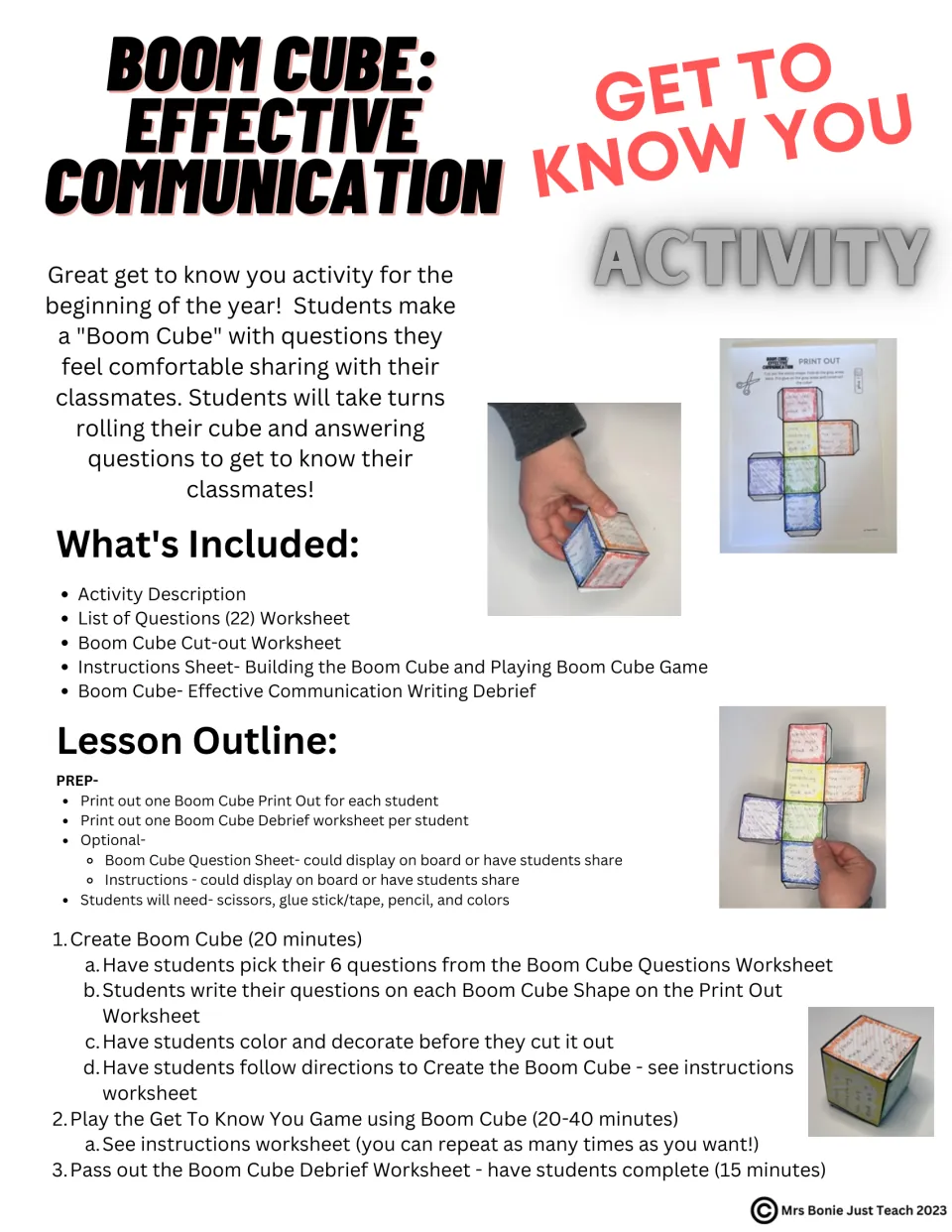 Boom Cube: Effective Communication cover listing what's included, prep and a lesson outline, with photos of a paper cube