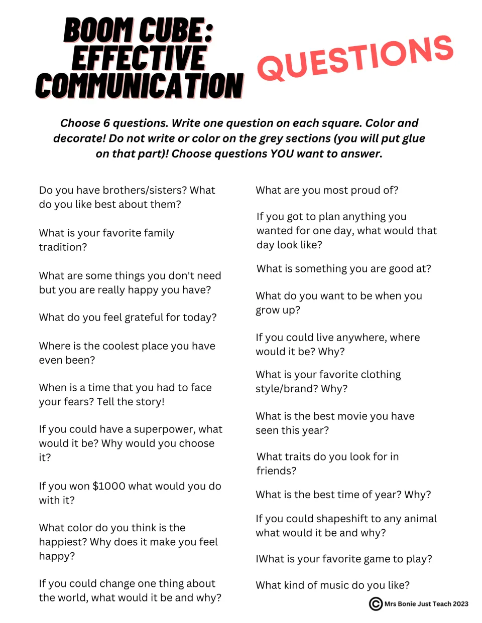 Boom Cube questions: students choose 6 get-to-know-you prompts, such as superpowers or family traditions, for their cube