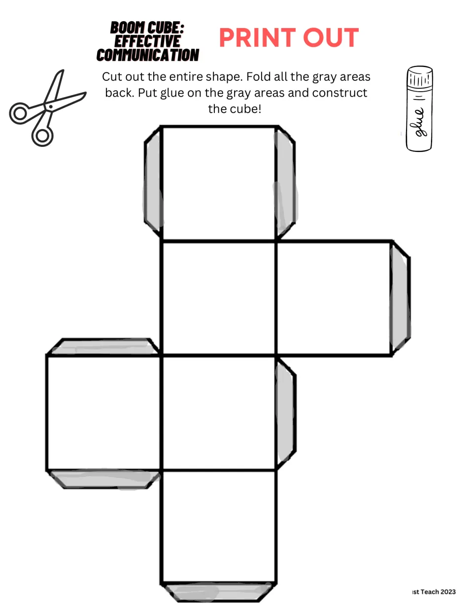 Boom Cube print out: a six-square cube net students write questions on, color, cut out, fold and glue into a cube