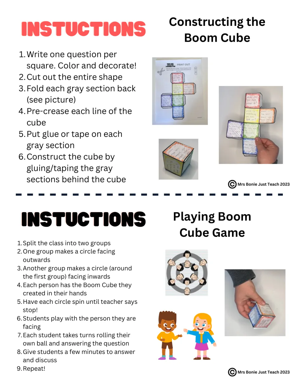 Instructions for building the Boom Cube in 6 steps and playing the game in two circles where partners roll and answer