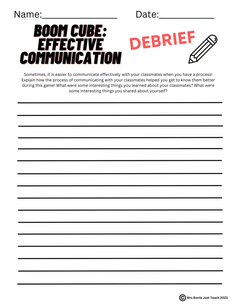 Boom Cube debrief: students write about how the process helped them communicate and what they learned about classmates