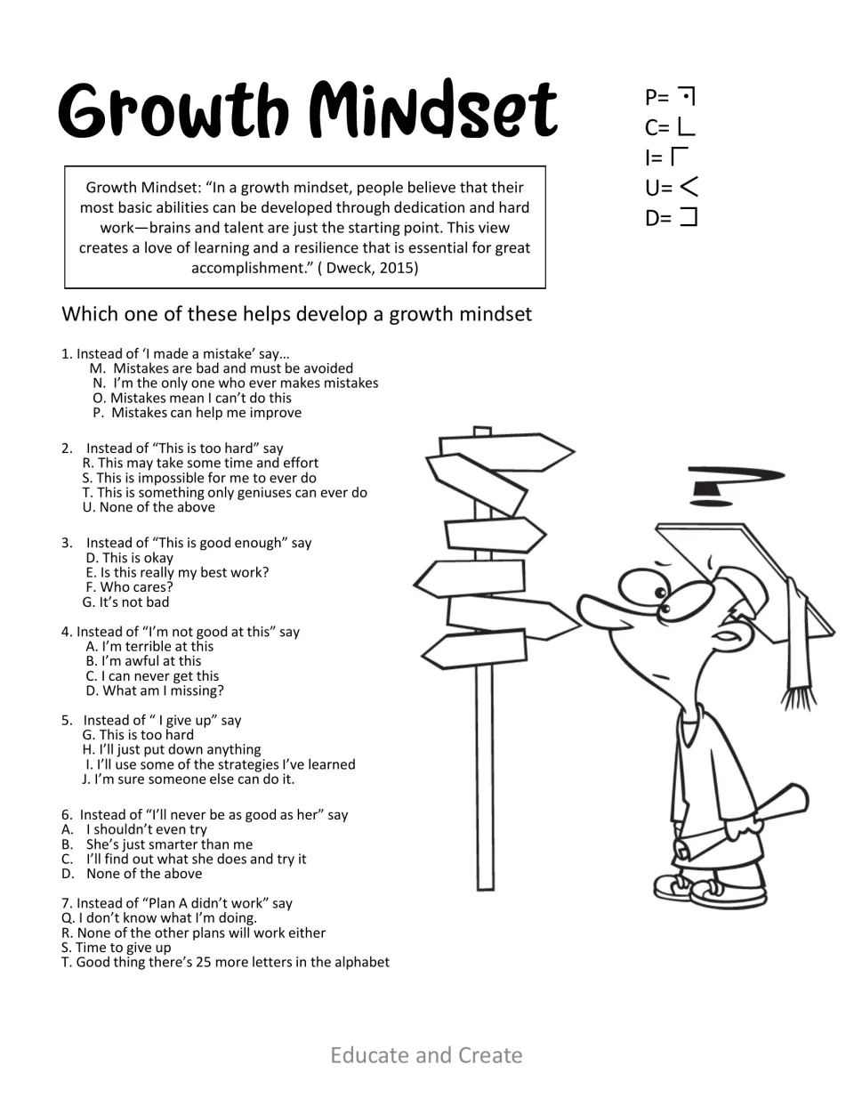 Growth Mindset quiz: students choose the growth-minded reply to 7 fixed-mindset statements, with a symbol key for letters