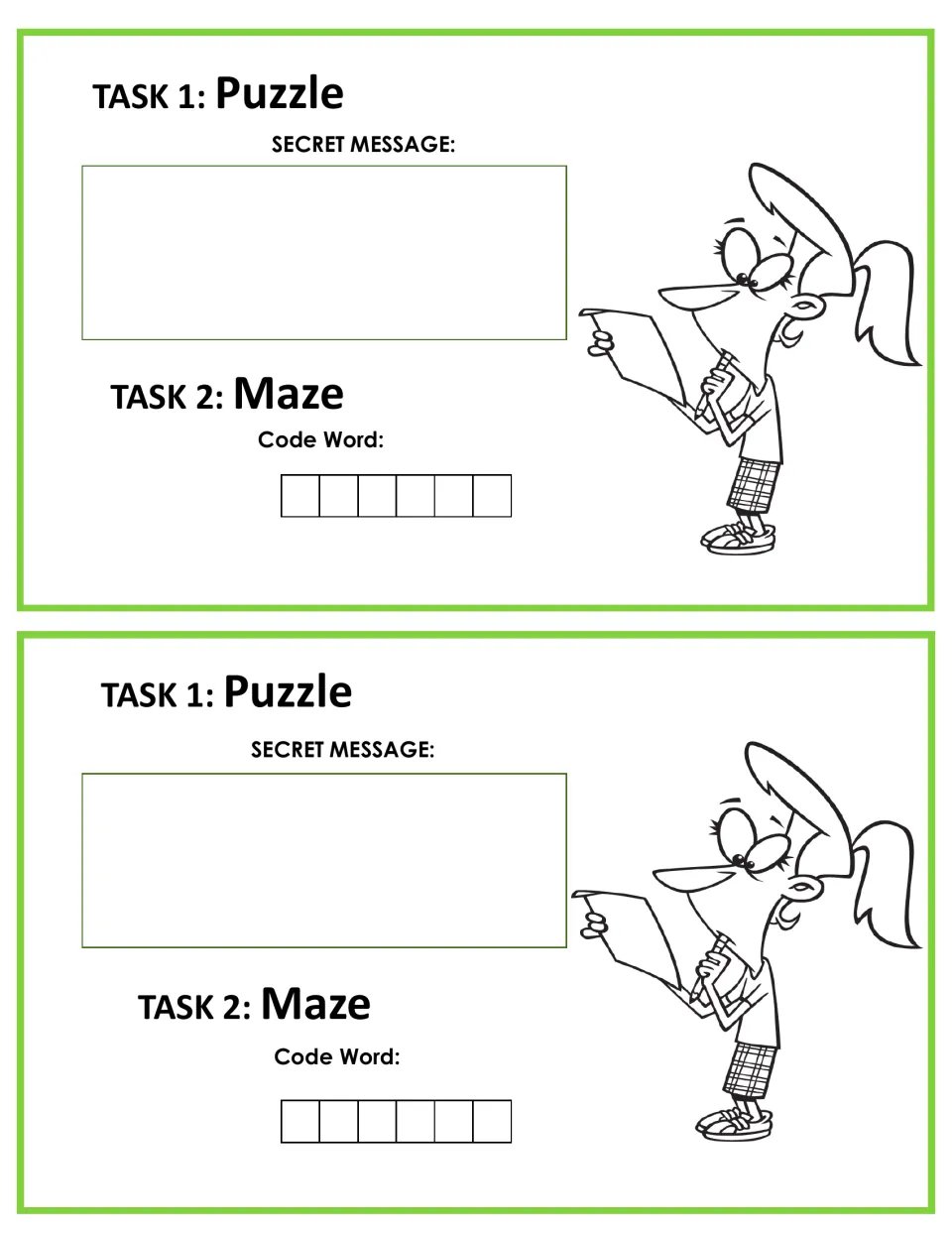 Answer sheet half-pages for the Task 1 Puzzle secret message and the Task 2 Maze six-letter code word, two copies per page