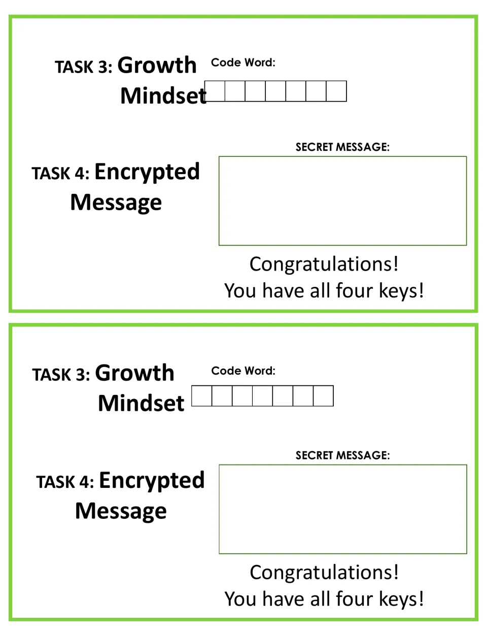 Answer sheet half-pages for the Task 3 Growth Mindset code word and Task 4 Encrypted Message, ending in Congratulations
