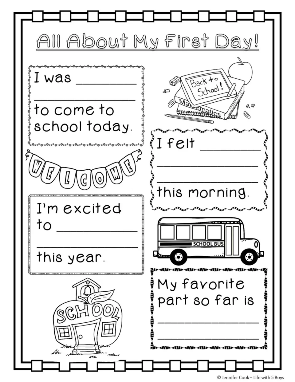 First-day memory book reflection asks about feelings, excitement for the year, and a favorite part so far.
