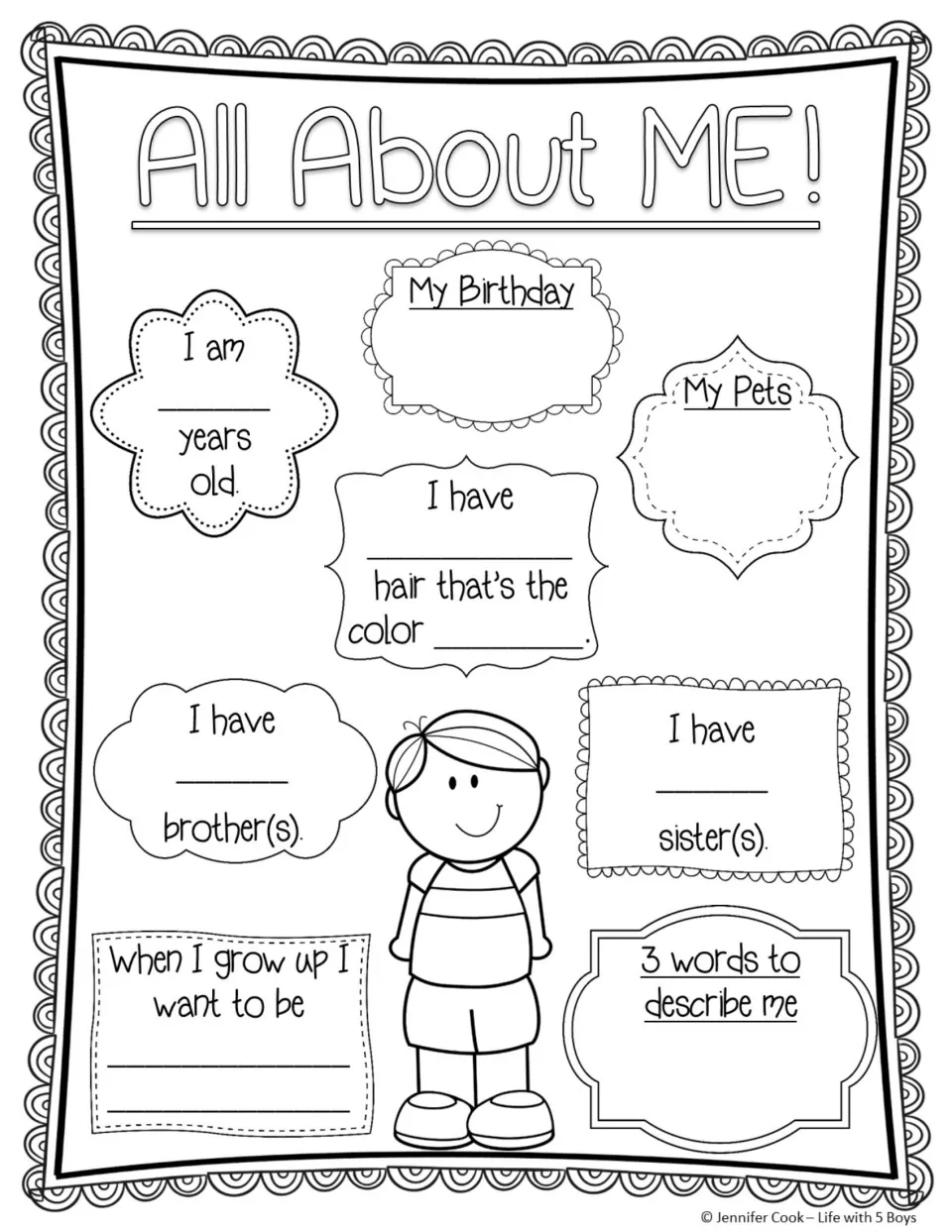 All About Me memory book page, boy version: age, birthday, pets, hair, siblings, career hopes, and three words.