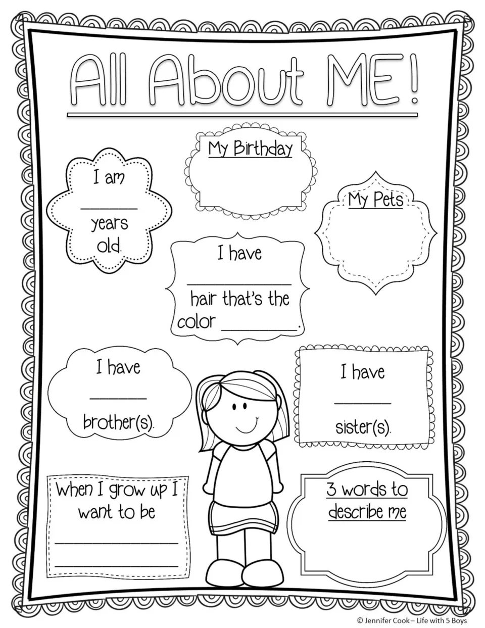 All About Me memory book page, girl version: age, birthday, pets, hair, siblings, career hopes, and three words.