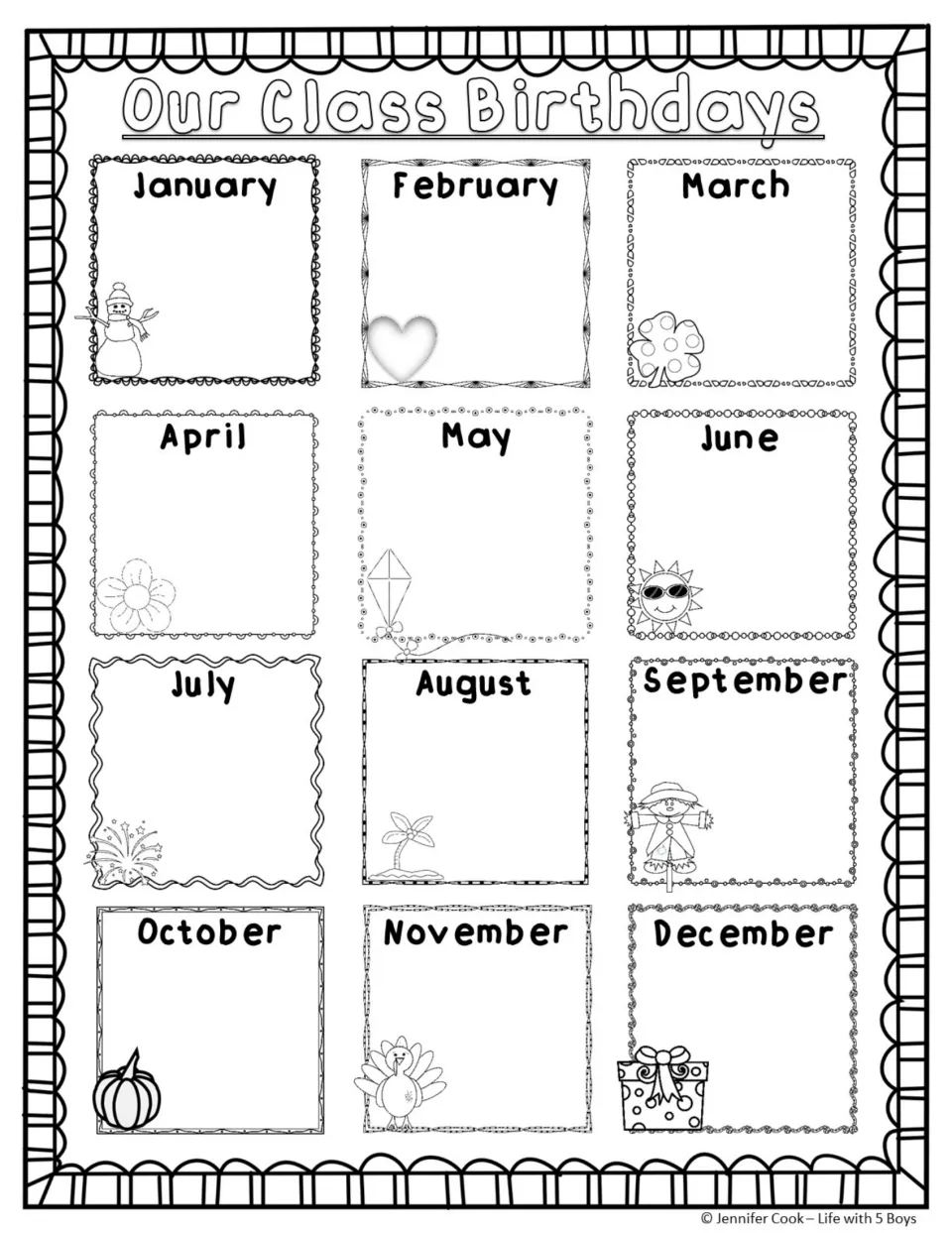 Class birthday memory book page lists January through December for recording classmates' birthdays by month.