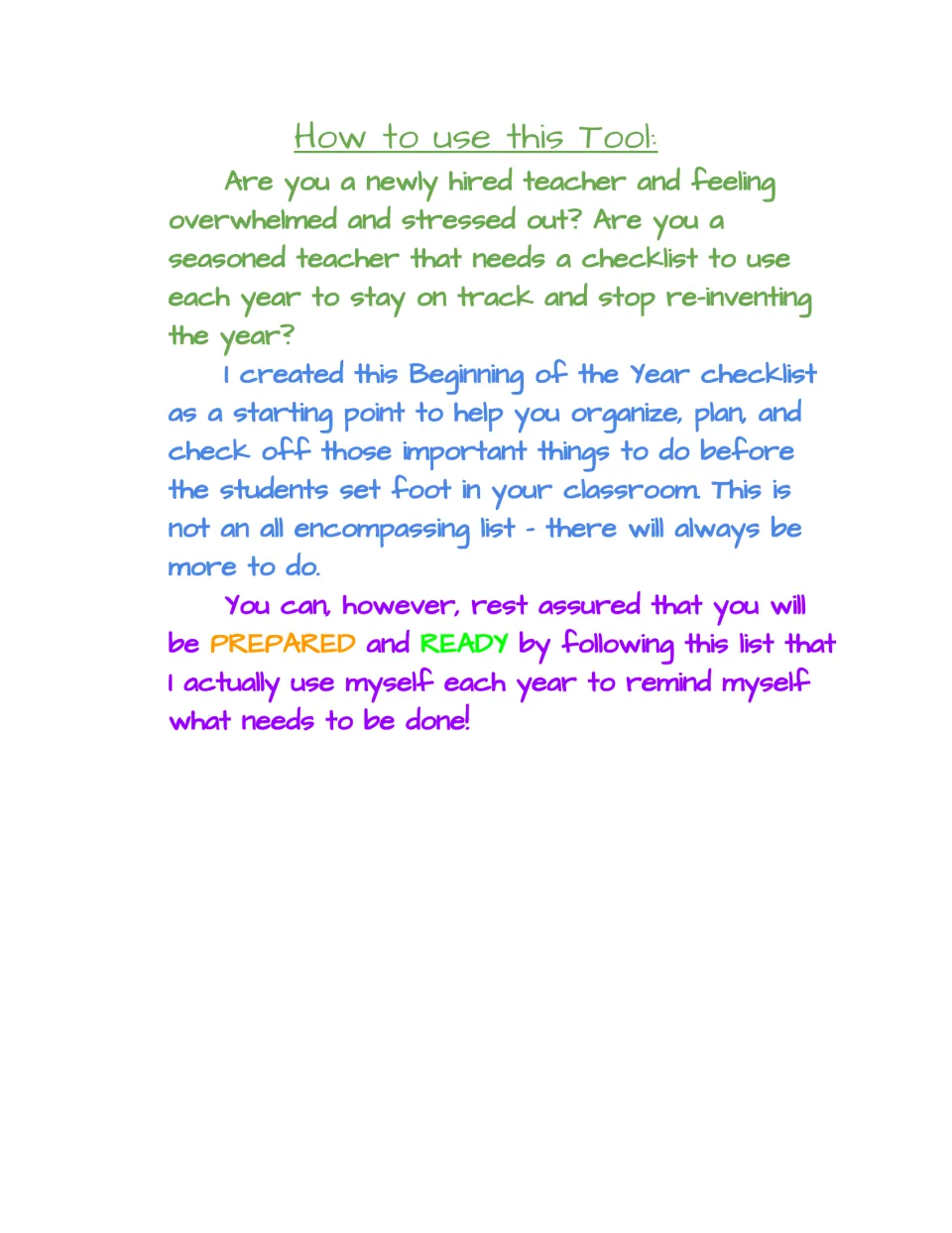 How to Use this Tool: author note inviting new and veteran teachers to organize and plan before students arrive