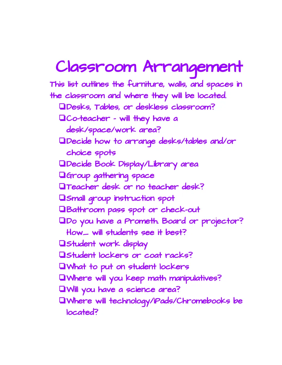 Classroom Arrangement checklist: decide desk layout, library area, gathering space, small-group spot and device storage