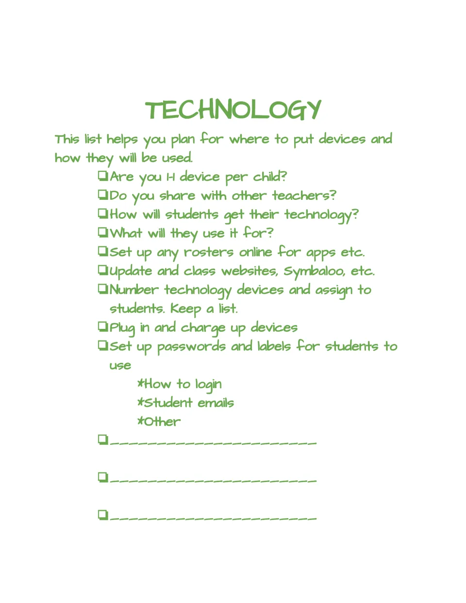 Technology checklist: plan device sharing, set up app rosters, number and charge devices, and make student login labels