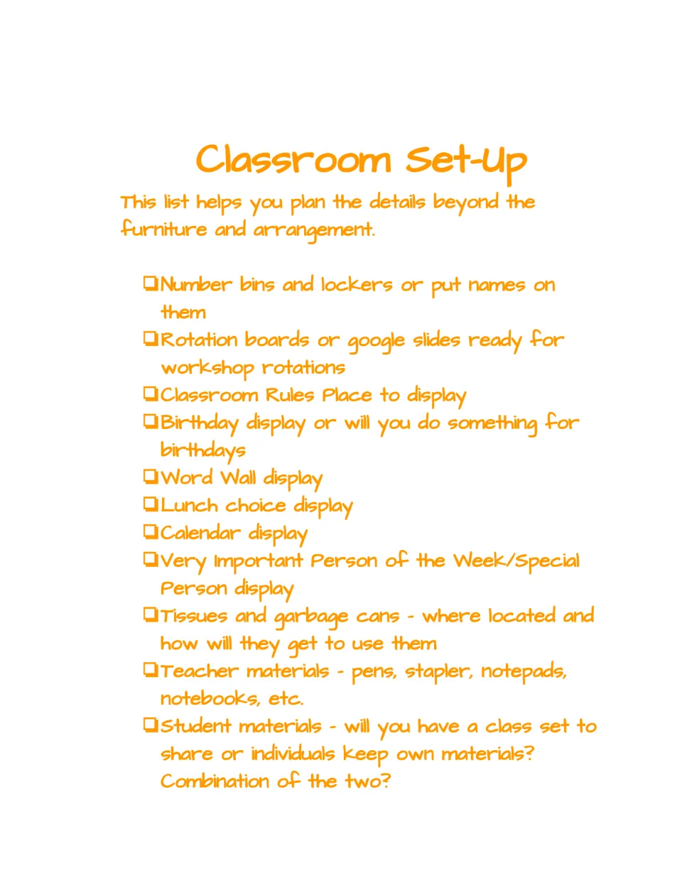 Classroom Set-Up checklist: label bins, ready rotation boards, and plan rules, birthday, word wall and calendar displays