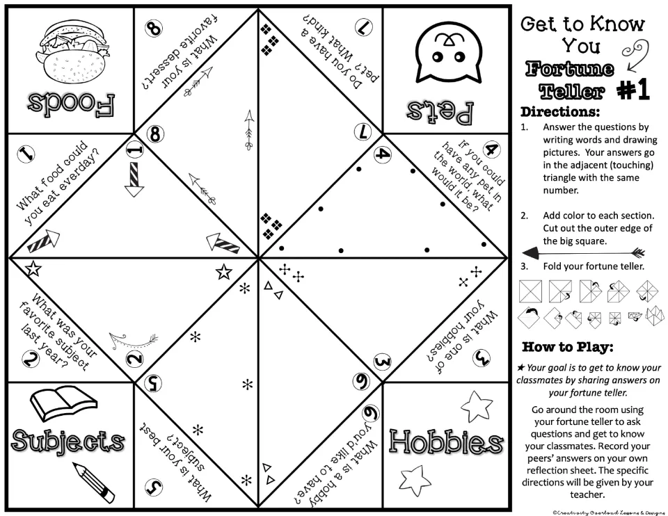 Get to Know You Fortune Teller #1: students answer questions on foods, pets, subjects and hobbies, then color, cut and fold