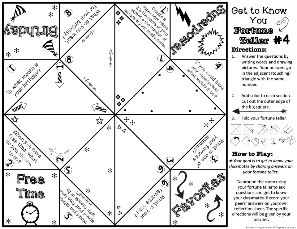 Get to Know You Fortune Teller #4: students answer prompts on birthday, superpower, free time and favorites
