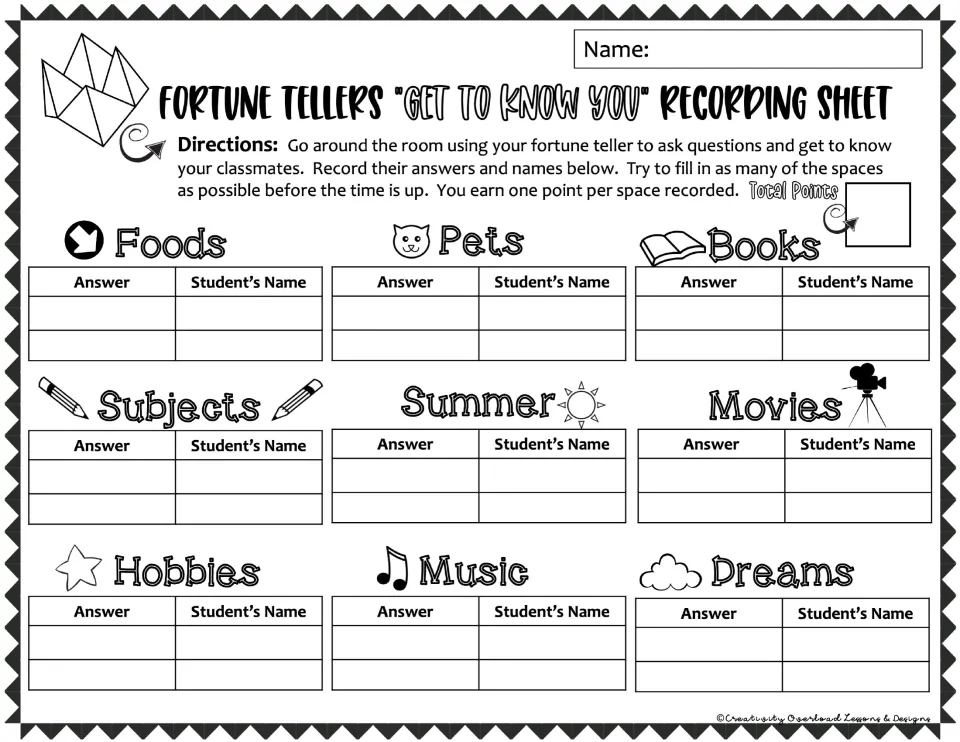 Get to Know You recording sheet: students log classmates' answers and names under nine topics, from foods to dreams