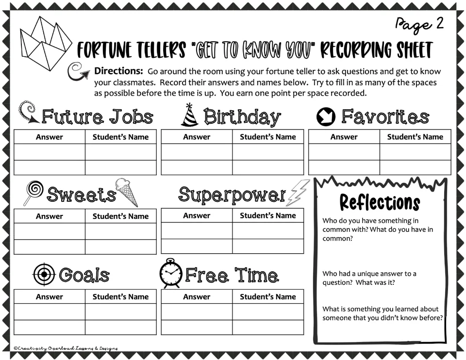 Recording sheet page 2: classmates' answers on future jobs, birthday, sweets, goals and more, plus 3 reflection questions