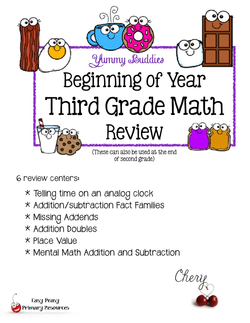 Cover listing 6 math review centers: analog clock time, fact families, missing addends, doubles, place value, mental math