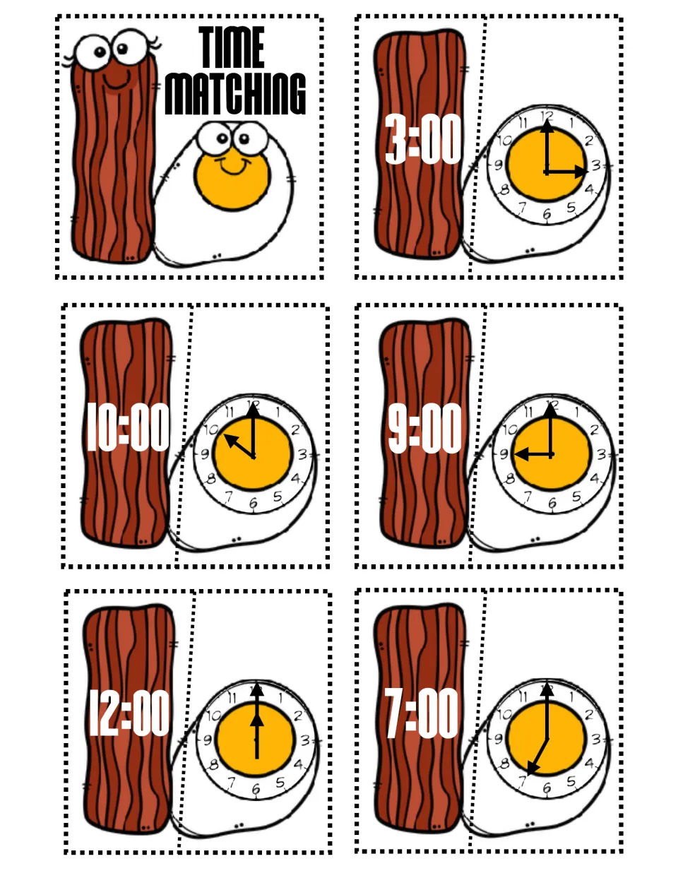 Time matching to the hour: students pair bacon cards showing 3:00, 10:00, 9:00, 12:00 and 7:00 with egg clock faces