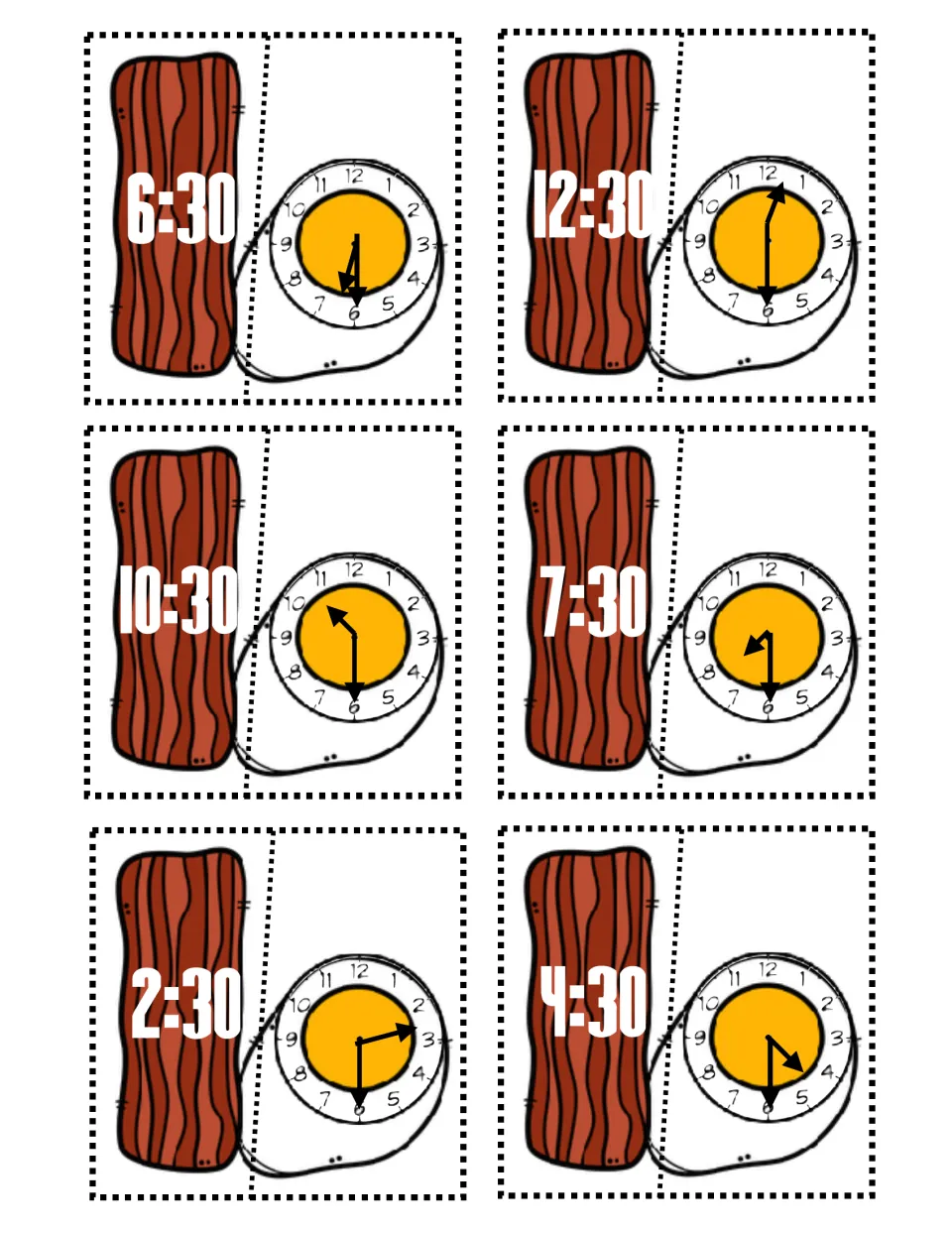 Time matching to the half hour: bacon cards 6:30, 12:30, 10:30, 7:30, 2:30 and 4:30 pair with matching egg clocks