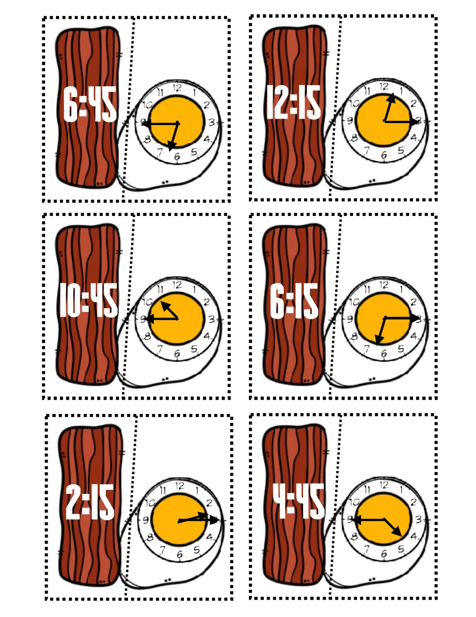 Quarter-hour time matching: bacon cards 6:45, 12:15, 10:45, 6:15, 2:15 and 4:45 pair with analog egg clock faces