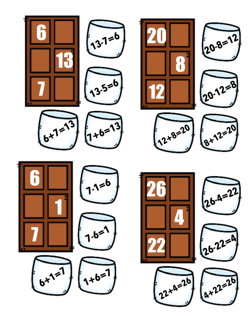 Fact family matching: marshmallow equations sort onto chocolate bars for 6-7-13, 8-12-20, 1-6-7 and 4-22-26