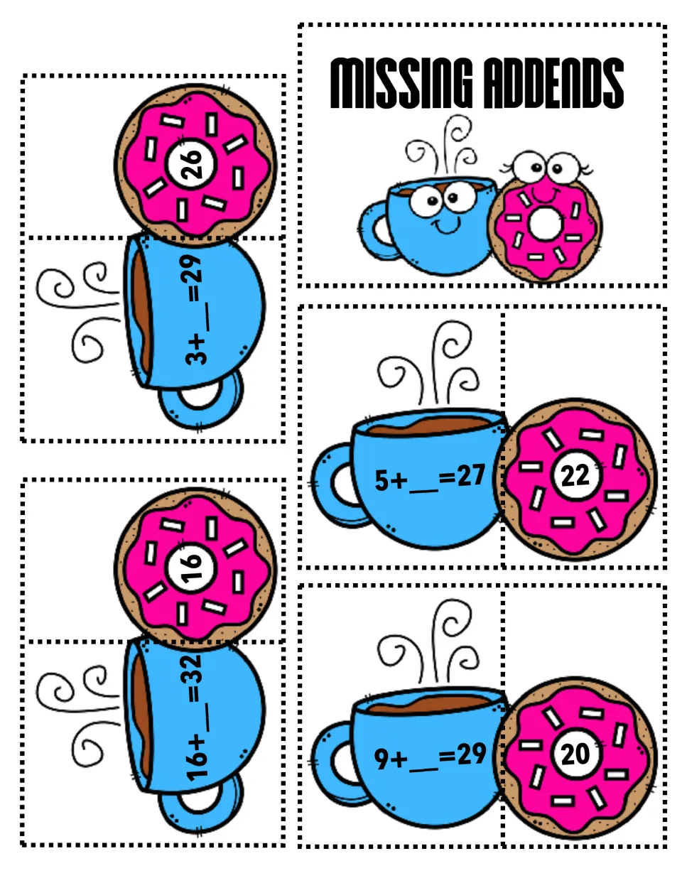 Missing addends: students match coffee-cup problems like 3+__=29 and 5+__=27 to donut cards showing 26, 22, 16 and 20