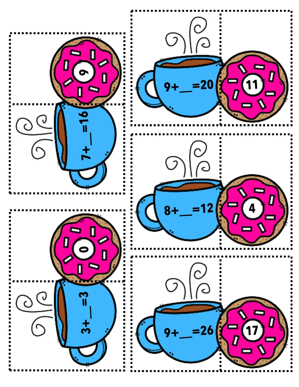 Missing addend cards 7+__=16, 9+__=20, 8+__=12, 3+__=3 and 9+__=26 pair with donuts showing 9, 11, 4, 0 and 17