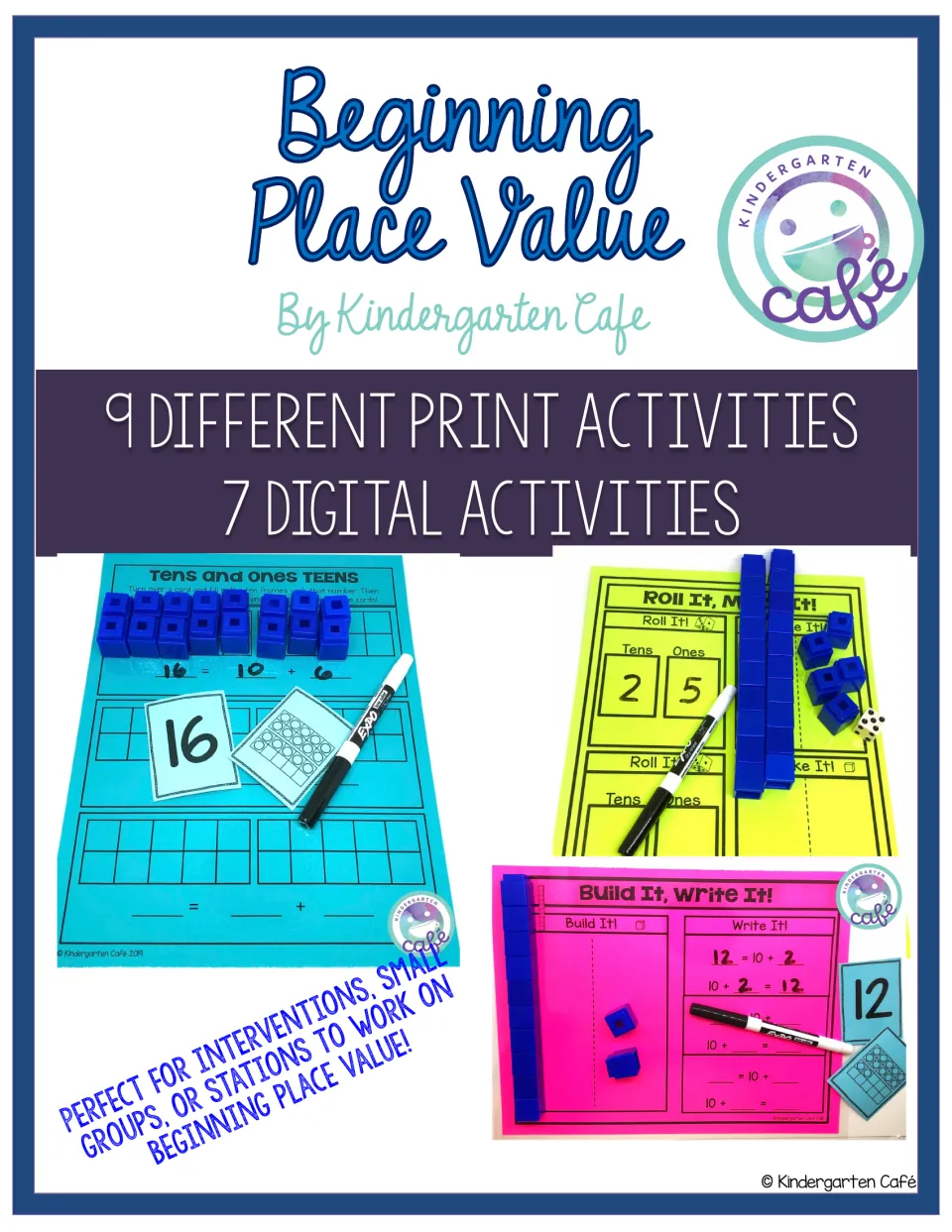 Beginning Place Value cover by Kindergarten Cafe: 9 print and 7 digital activities, shown with cubes and tens-ones mats