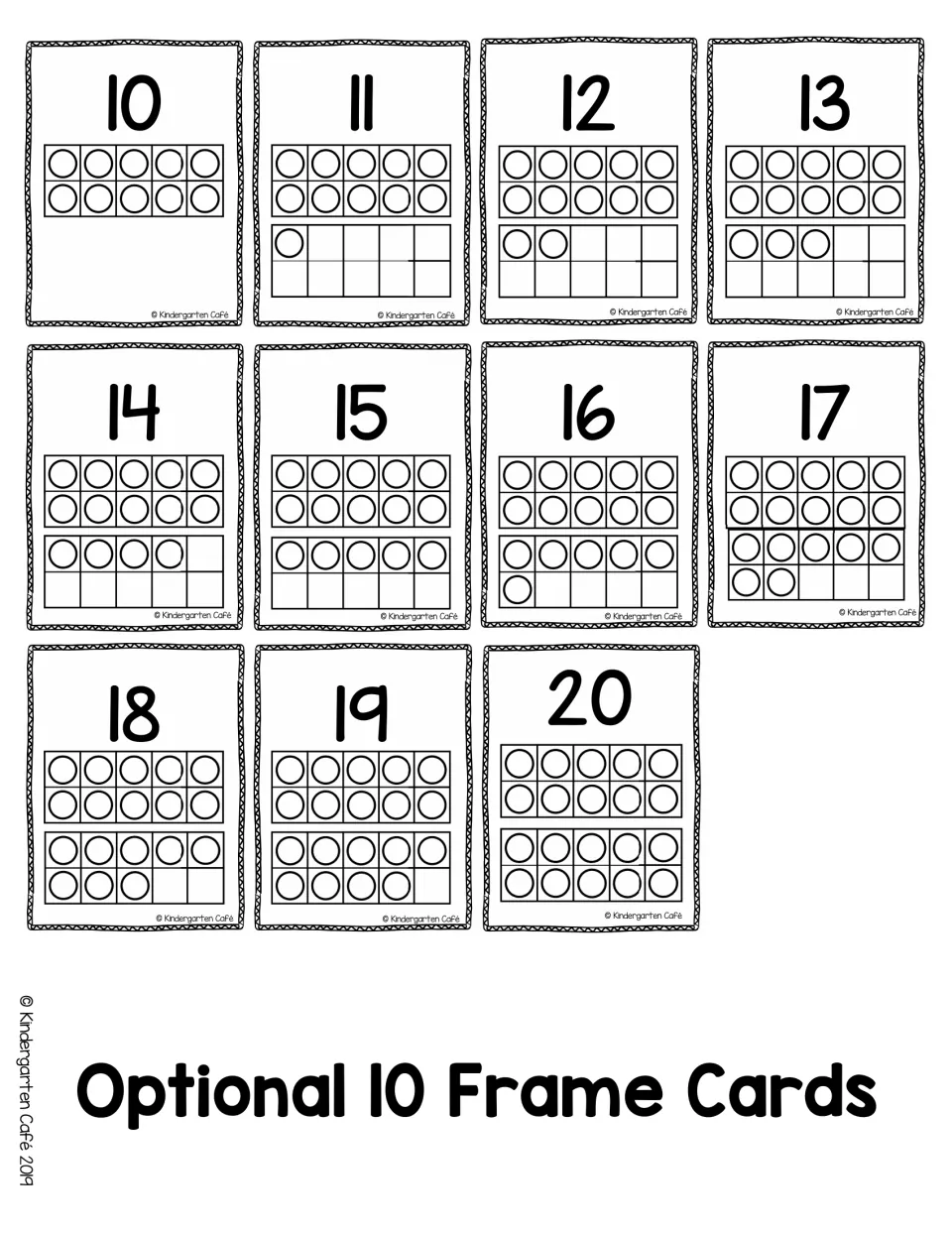 Optional 10 frame cards for 10 to 20, each numeral shown with dotted ten frames to model one ten and some ones