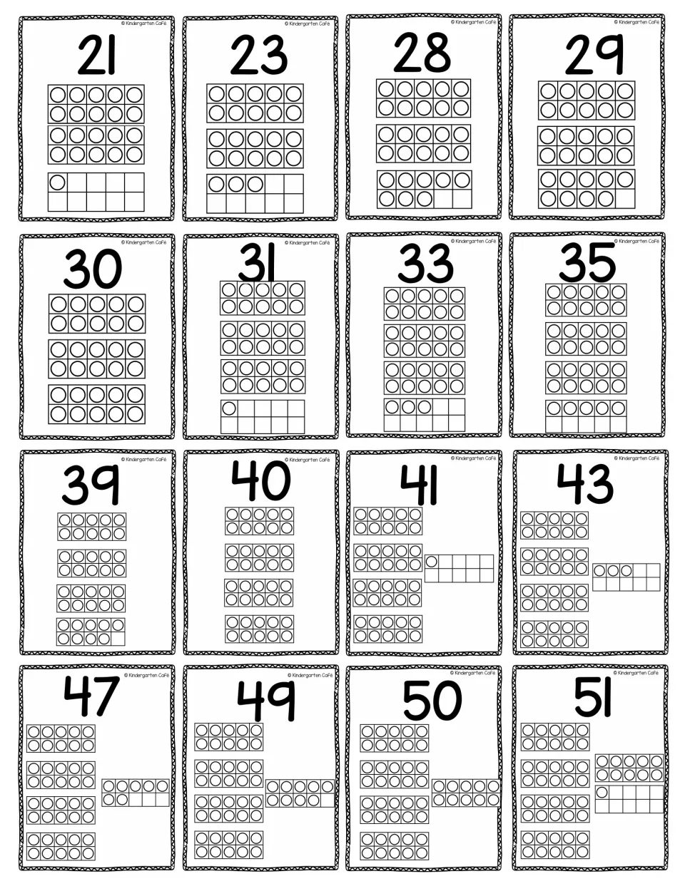 Numbered ten-frame cards from 21 to 51, such as 23, 30, 41 and 49, showing groups of ten and leftover ones