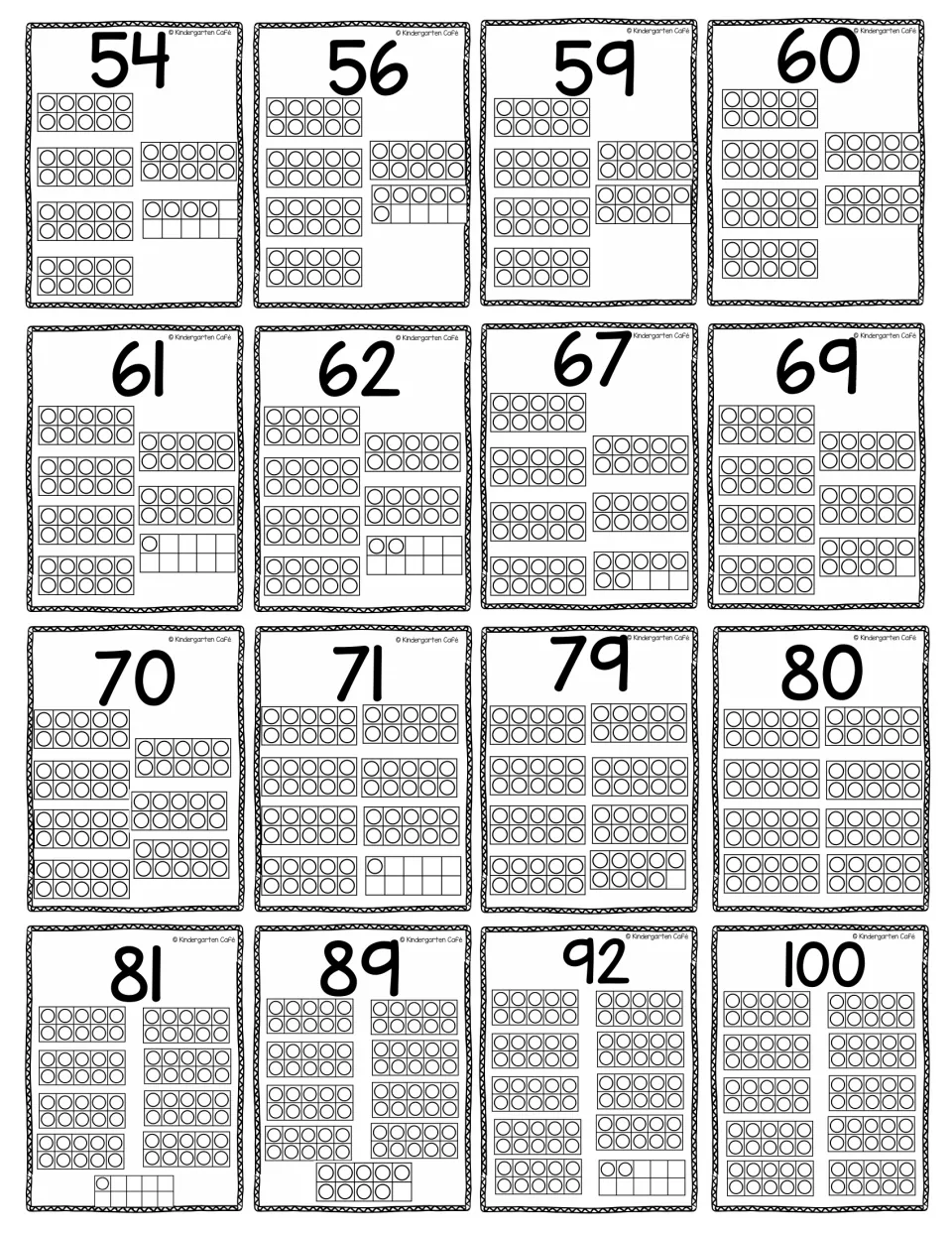 Numbered ten-frame cards from 54 to 100, such as 62, 79, 89 and 100, modeling larger numbers as tens and ones