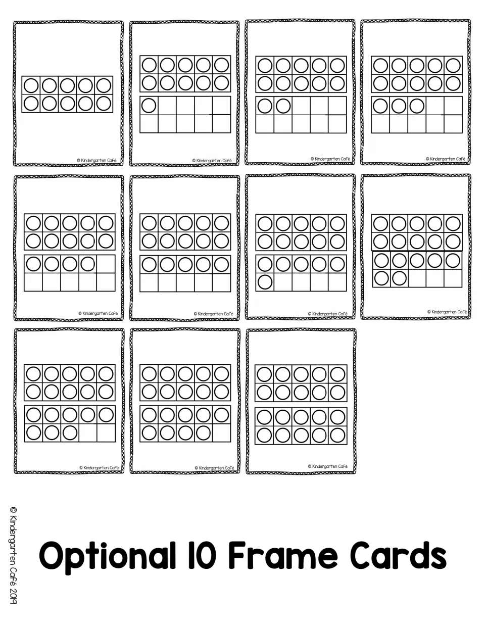 Unlabeled ten-frame cards for 10 to 20 with no numerals, so students count the ten and ones to name each teen number