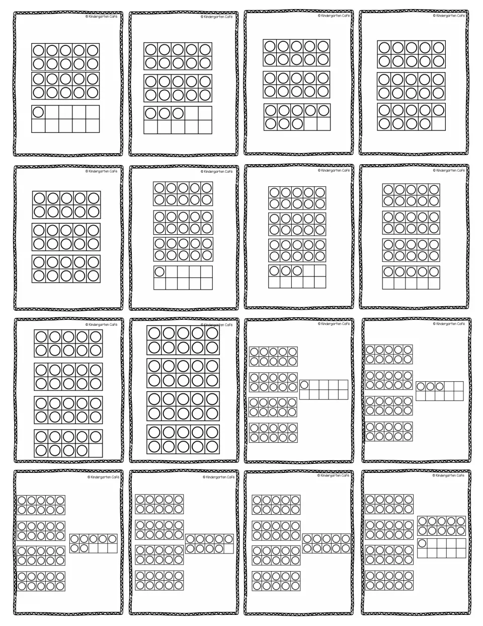 Unlabeled ten-frame cards showing quantities from 21 to 51 for students to count by tens and ones and name each number
