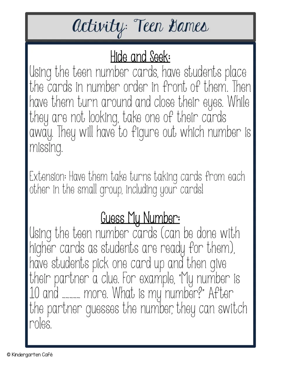 Teen Games directions: Hide and Seek, finding the missing teen card, and Guess My Number using '10 and ___ more' clues