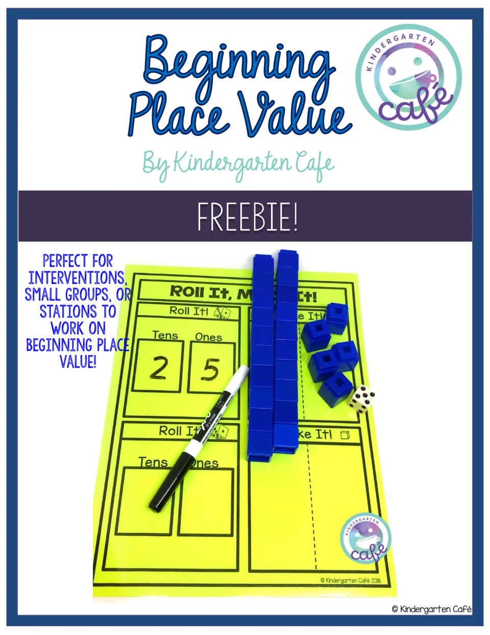 Beginning Place Value cover: the Roll It, Make It mat with 25 rolled and built from 2 cube towers of ten and 5 single cubes